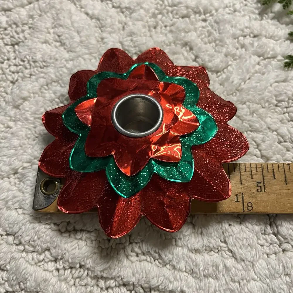 Vintage Red Green Happy Holiday Fireproof Poinsettia Aluminum Candle Holders USA